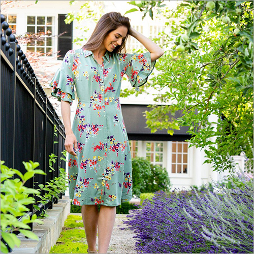 Ladies Puff Sleeve Printed Cotton Dress Size: Small