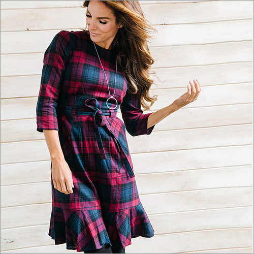 Ladies Ruffle Hem Plaid Dress Size: Small