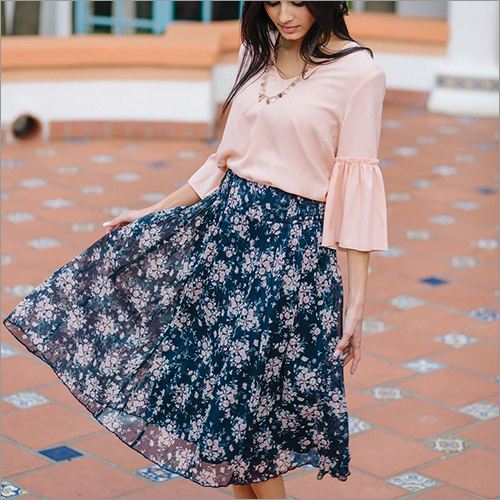 Ladies Fancy Skirt - Rayon, Multiple Sizes, Navy | Stylish, Comfortable, Elegant, Versatile, Elastic Waist, Midi A-line
