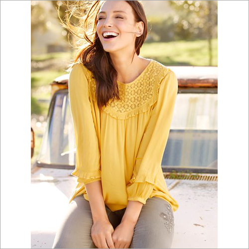 Ladies Yellow Top - Cotton, S-XL, Yellow, Round Neck, Three-Quarter Sleeve | Stylish, Comfortable, Colorfast, Skin-Friendly, Seamless, Trendy, Hip Length
