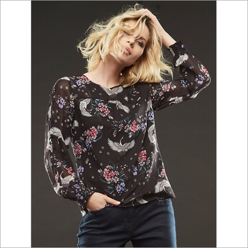 Ladies Floral Printed Top - Polyester, S-XL, Black | Stylish Design, Floral Print, Soft Fabric, Comfortable Fit, Long Sleeve, Round Neckline