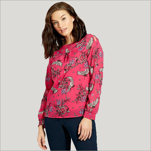 Ladies Printed Top - Polyester, S-XL, Pink | Floral Print, Round Neck, Long Sleeve, Durable Print, Comfortable Fit