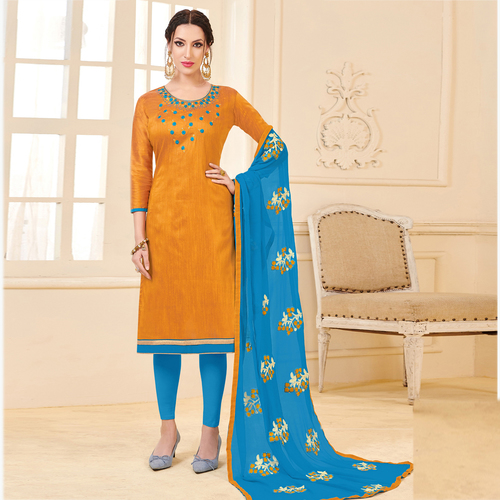 Orange And Blue Latest Banarasi Silk Party Wear Suit