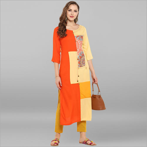 Casual Kurti - Cotton , Yellow Printed Design for Ladies with 3-4th Sleeves in Modern Style, Available in Multiple Sizes