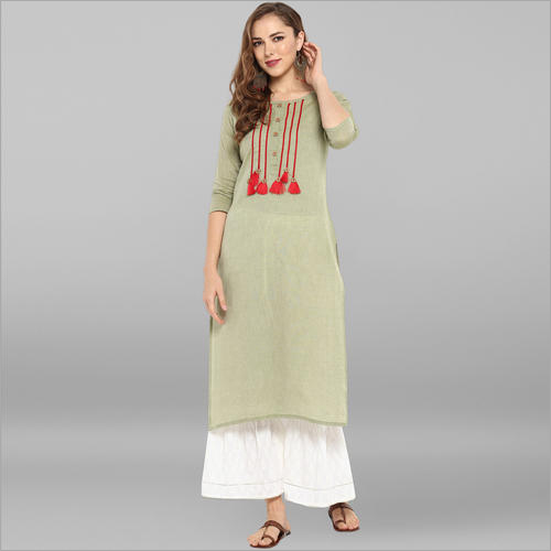 Plain Casual Wear Kurtis - Cotton Blend, Light Green Color | Traditional 3-4th Sleeve, Available in Sizes S to XXXL
