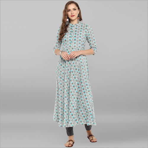 Ladies Casual Wear Kurti - Cotton, Sizes S-XXXL, Blue, 3-4th Sleeve, Printed Ethnic Design, Perfect for Summer Casuals