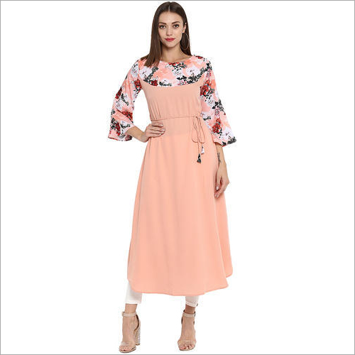 Light Peach Printed Crepe A-Line Kurti - Crepe Fabric, Sizes: XS-XXXL, Color: Light Peach, 3/4th Sleeves, Ethnic Style for Summer | Perfect for Ladies' Casual Wear