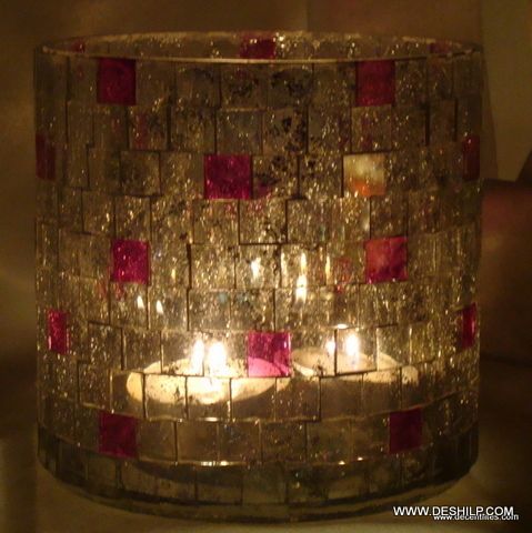 Merging Color Decorative Glass Goblet Votive Candle Holders Metal Pillar Candle Holders