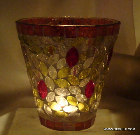 RED AND YELLOW MOSAIC ANTIQUE VOTIVE