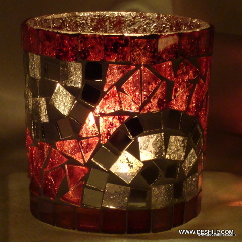 Pink & White Mosaic Glass Candle Holders