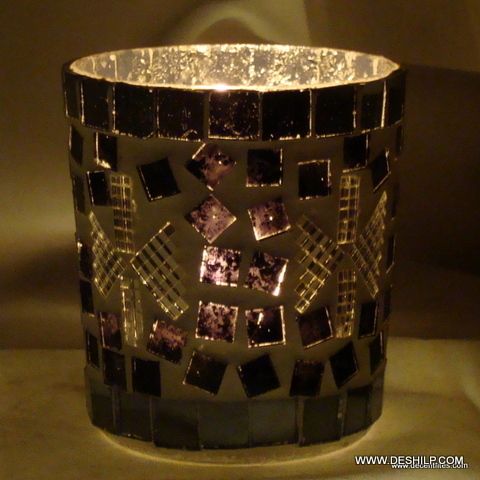 BLACK AND WHITE MOSAIC CANDLE HOLDER