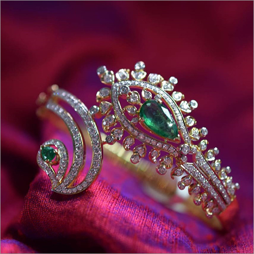 Ladies Green Stone Diamond Kada