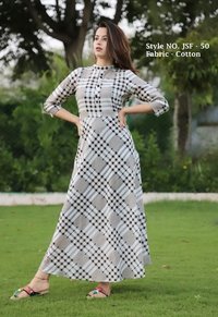 Ladies Long A-line Cotton Kurti - 50 Inch, Black and White Check Print | Anti-Wrinkle, Breathable, Plus Size Options, Perfect for All Seasons