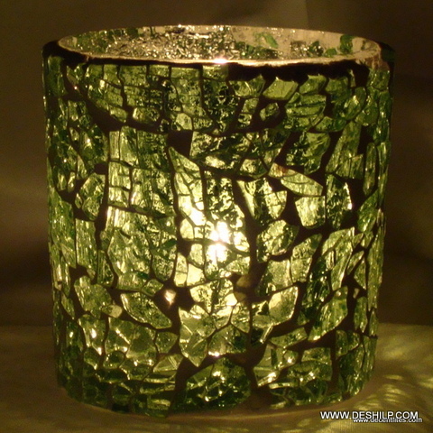 Round Mosaic Green Glass T-Light Candle Holder Lantern