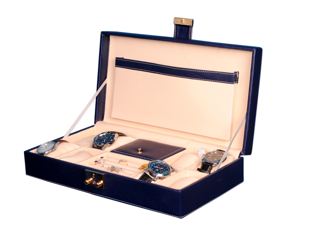 Hard Craft Watch Box Case Pu Leather For 8 Watch Slots With Jewellery Slots - Blue Size: Width: 15