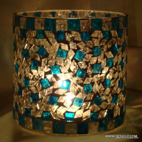 Blue Mosaic Glass Goblet Votive Tumbler Shape