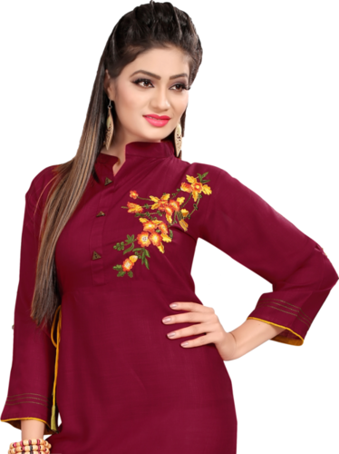 Collar Kurti - Rayon Fabric, Straight Long Design In 4 Vibrant Colors | 3/4 Sleeve, Printed Pattern, Washable For Casual And Formal Wear