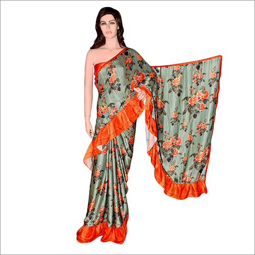 Grey And Orange Ladies Party Wear Saree