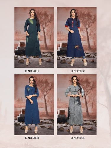 4 Colors Ladies Embroidered Denim Gown