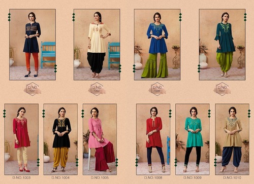 10 Colors Embroidered Designer Kurtis With Dhoti And Pants.
