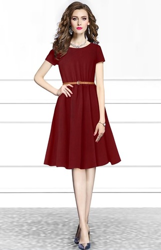 One Piece for Girl - Polyester, Sizes S, M, L, XL, XXL, Color Maroon | Short Sleeves, Washable, All Season, Plain Design, 36 inches Length