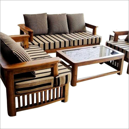 Living Room Wooden Sofa Set - Teak Wood, Variable Dimensions | High Density Cushioning, Comfortable Seating, Elegant Design, Easy Cleaning