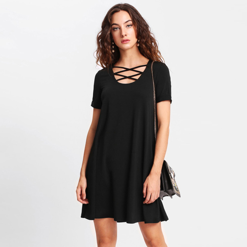 Western Short Dress - Other Material, Sizes: S, M, L, XL, XXL, Length: 32-33 Inch, Color: Black, Short Sleeves, Plain Dyed, All Season, No Fade, Washable