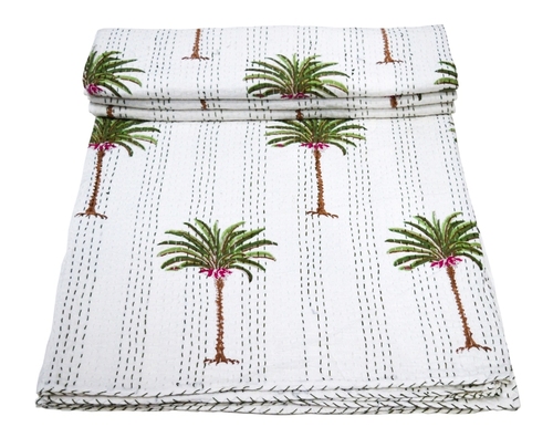 Washable Palm Tree Print Design Twin Kantha Bed Cover