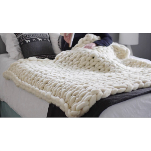 Blanket & Throw - 100% Cotton, Handmade Knitted Design | Plain Dyed, White Color, Features Zipper