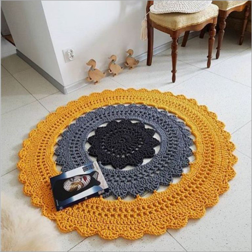 Cotton Carpet - Round Shape, Yellow Printed Design | Handmade, Decorative with Zipper