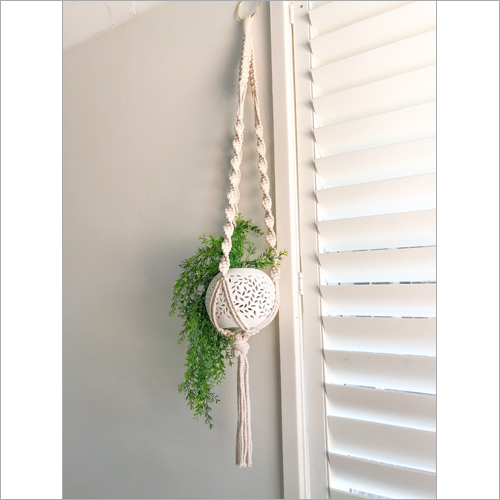 Plant Hanger - Cotton Material, Round Shape | Modern White Design, Simple Stockinette and Ribbed Style for Home Use