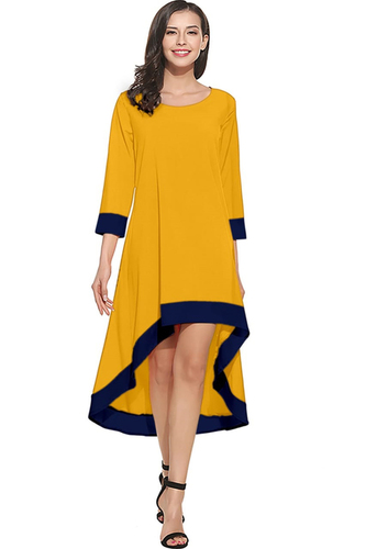 Western Dress Long - Crepe Material, Sizes S-XXL | Plain Design, Washable, No Fade, Short Sleeves, All-Season Wear in Stylish Yellow