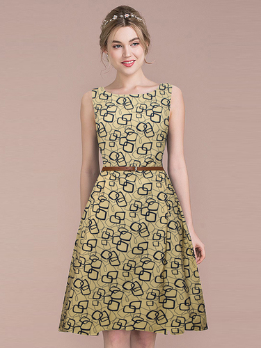 One Piece Dress - Crepe Fabric, 38 Inch Length, Color: Chiku, Sizes: S to XXL, Sleeveless, Printed Design | Washable, No Fade, All Season