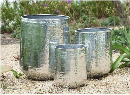 Silver Set Of 3 Large Round Hammered Metal Planters