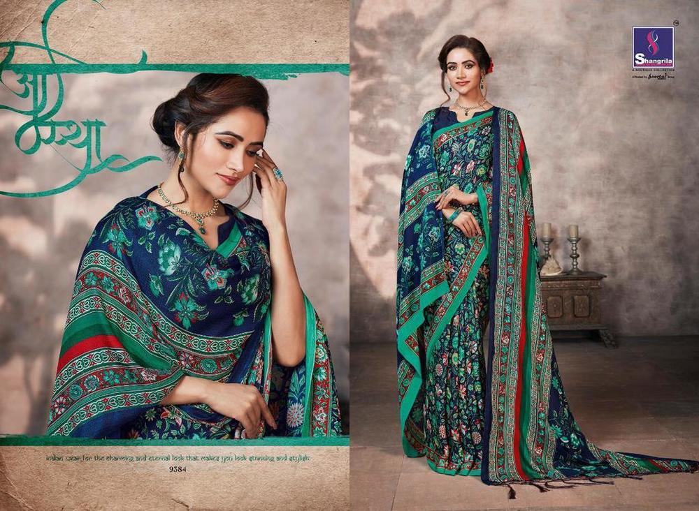 Green And Blue Fancy Print Pashmina Silk Sarees