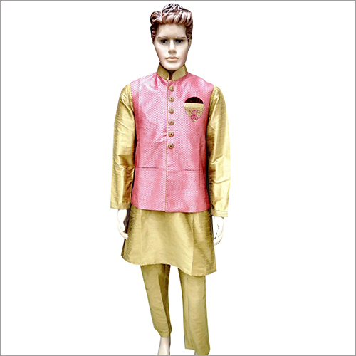 Mens Fancy Golden Kurta Pyjama With Pink koti