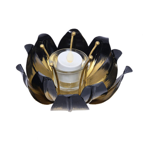 Black With Gold Indian Handmade Home Decorative Lotus Design Tea Light Candle Jar