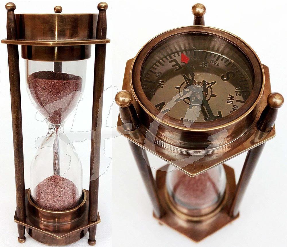 5 Inch DECORATIVE BRASS SAND TIMER HOURGLASS WITH ANTIQUE MARITIME BRASS COMPASS