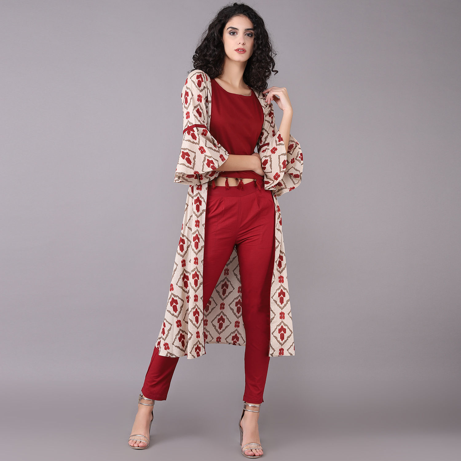 Ladies Crop-Top Style Kurti With Maroon Pant