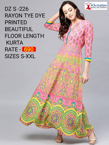 Multi Color Rayon Tye Dye Printed Beautiful Floor Length Designer Kurtis