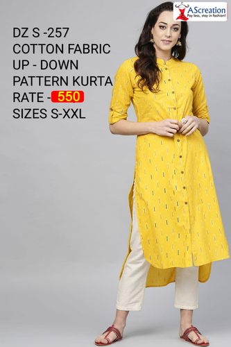 Buy Dazzling Yellow Color PC Cotton Up And Down Pattern Design Full  Stitched Kurti For Festive Wear