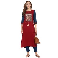 Printed Rayon Kurtis - Rayon, Bust Size: 36 To 44 Inch, Length: 48 Inch, Color: Maroon | 3-4th Sleeve, Printed Pattern, Elegant Tassel Detail