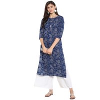 Ethnic Designer Kurti - Cotton, Length 47 Inch, Bust Size 36-44 Inch | Printed Blue, 3-4th Sleeve, Ideal For Daily Wear