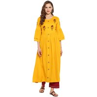 Jaipuri Kurtis - Rayon Fabric, 48 Inch Length, Mustard Yellow Color | A-line Style, Fade Resistant, 3-4th Sleeve