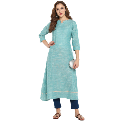 Ladies Plain Kurtis - Cotton, 48 Inch Length, Turquoise Green | Elegant A-line Style, 3/4 Sleeves, Shrinkage Proof Fabric