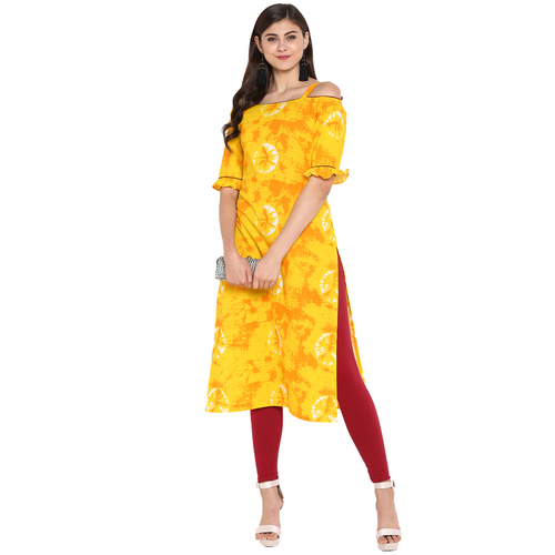Shoulder Cut Kurtis - Yellow Cotton, 44 Inch Length | Trendy Printed Design, Bust Size 36 to 44 Inch, Casual Style, Dry Clean Only