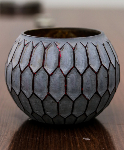 Gray and Red Cutting Votive - Metal, 3 Inch Diameter, 2.5 Inch Height, Round, Geometric Design, Handcrafted Elegance