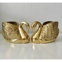 Vintage Solid Brass Swan Planters a Pair