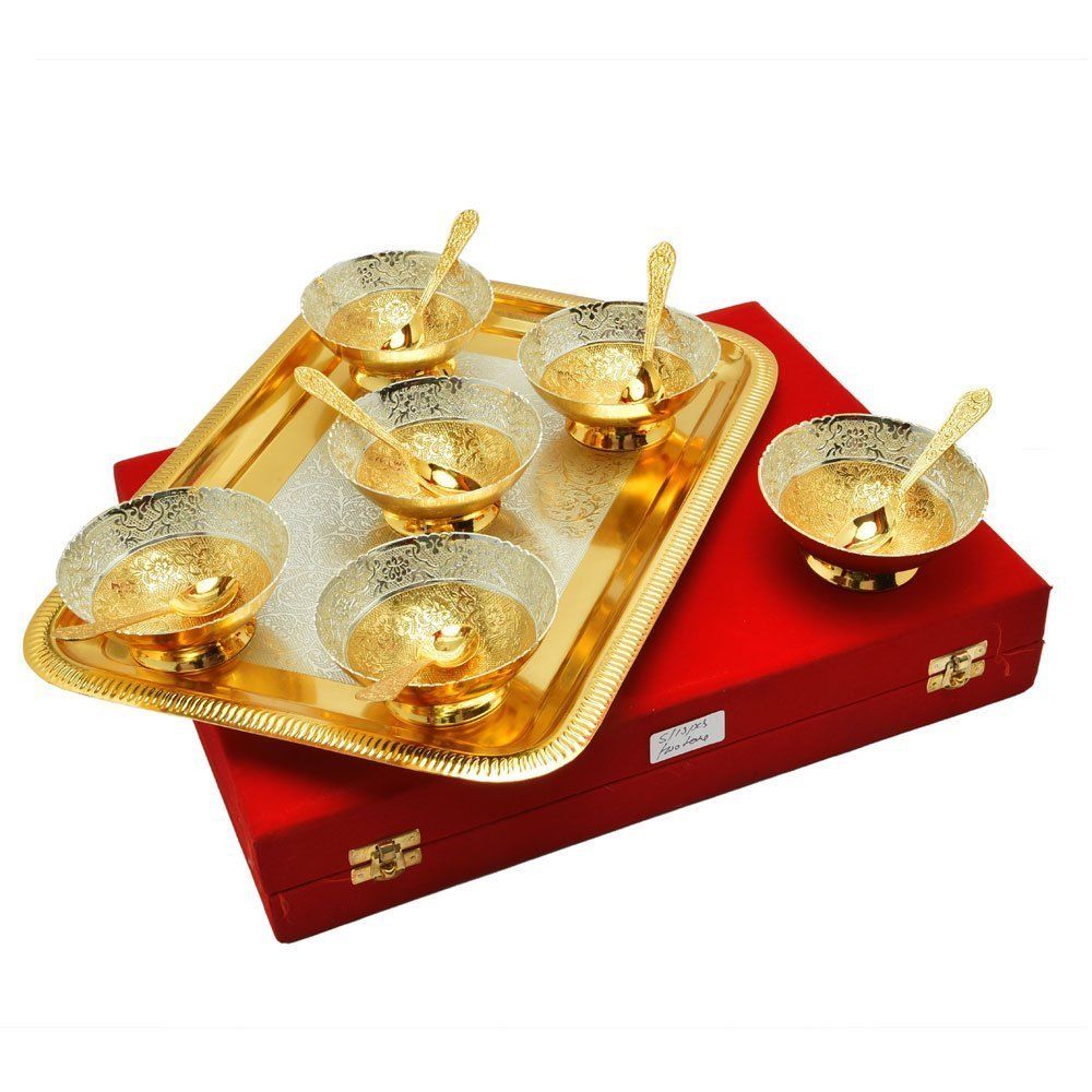 Royal Wedding Gift Plated Brass Bowl & Tray Set of 13 Pcs