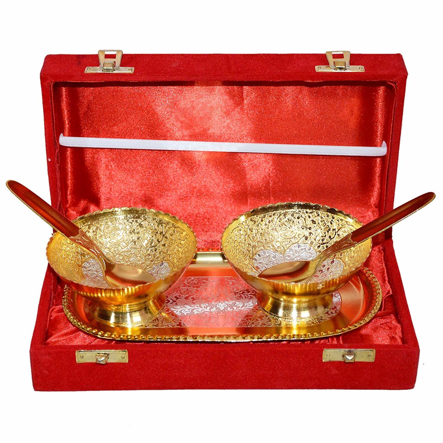 Floral Pattern Gold Silver Plated Brass Bowl Set
